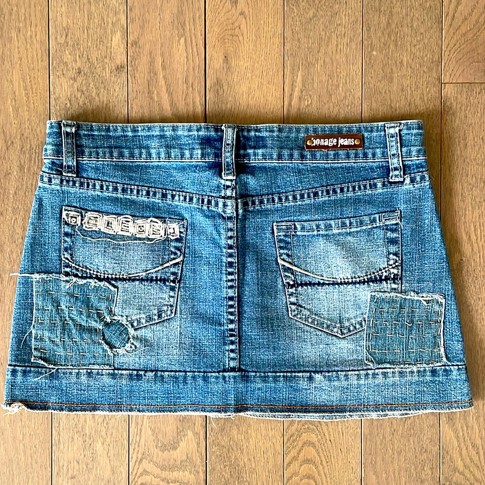 Bonage Jeans Distressed Sequin Denim Mini Skirt Patchwork Low Rise Stretchy 9/10 - Picture 4 of 16